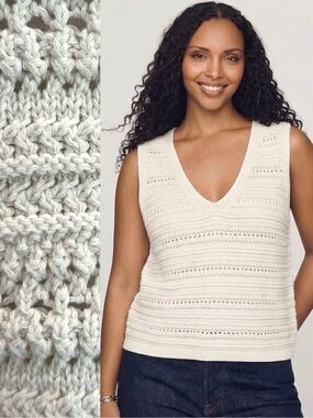 Gap Crochet Knit Sweater Vest Tank Top Womens Size Large Cream Double V-Neck